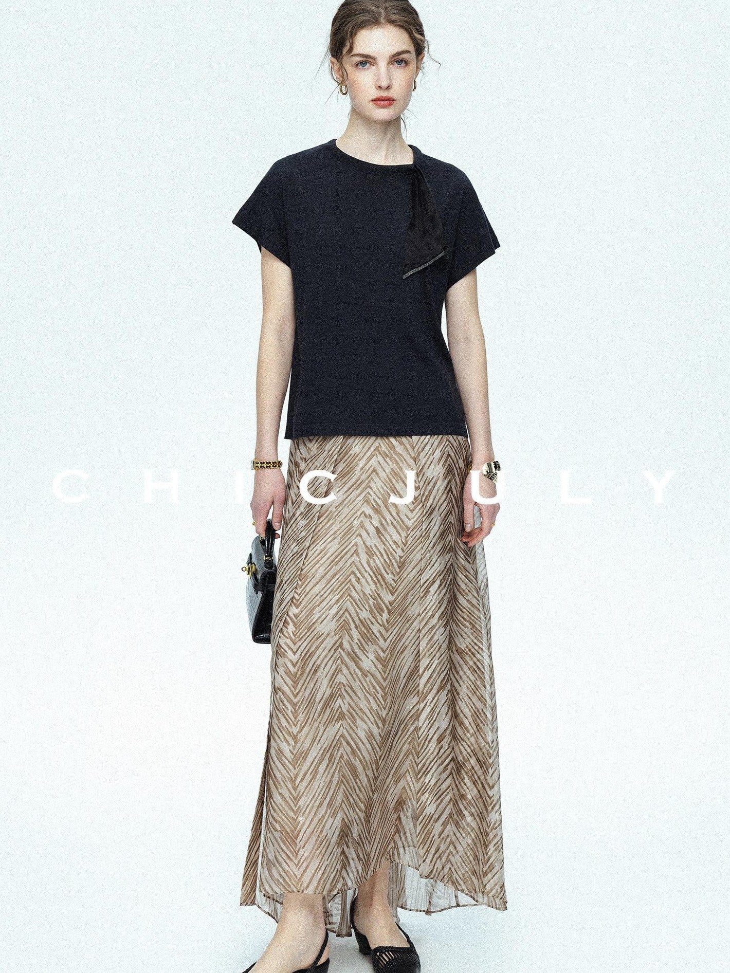 chicjuly Lustrous Printed Three Layer A Line Women's Pure Mulberry Silk Maxi Skirts