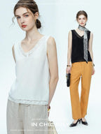 chicjuly Midnight Lace V-neck French Layering Women's Mulberry Silk Tank Tops