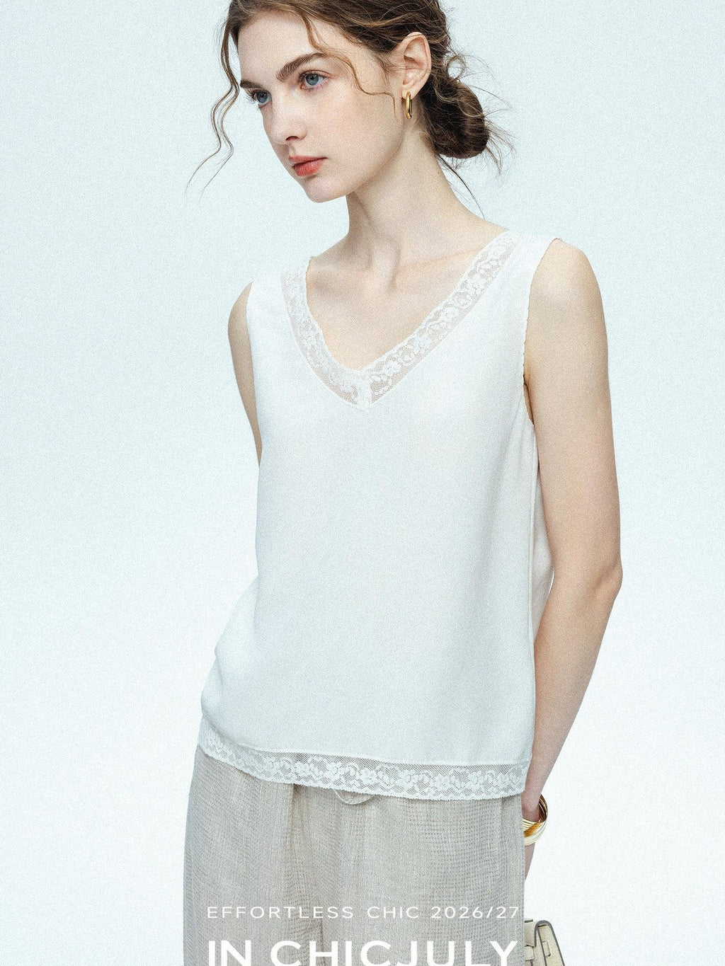 chicjuly Midnight Lace V-neck French Layering Women's Mulberry Silk Tank Tops