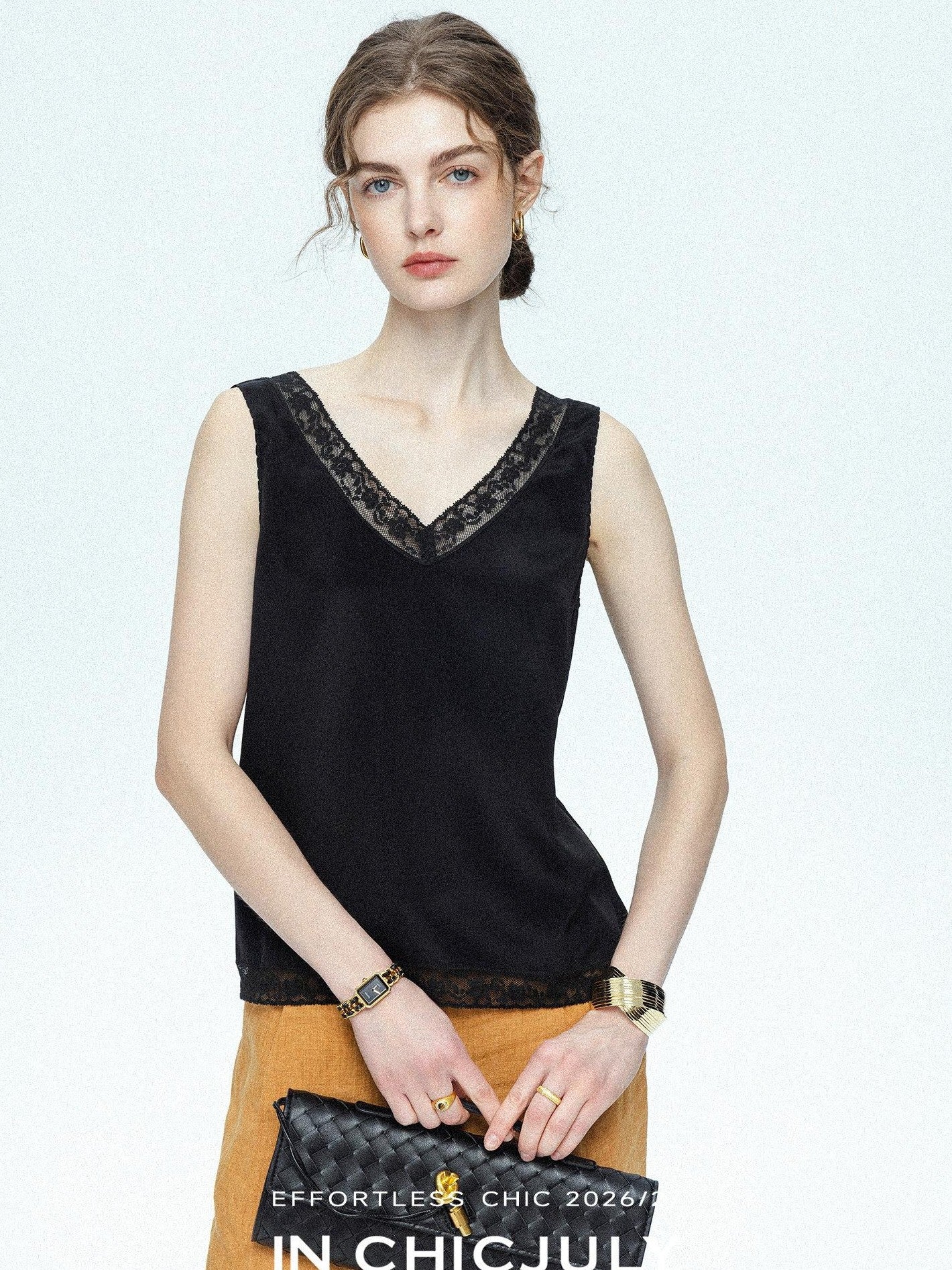 chicjuly Midnight Lace V-neck French Layering Women's Mulberry Silk Tank Tops
