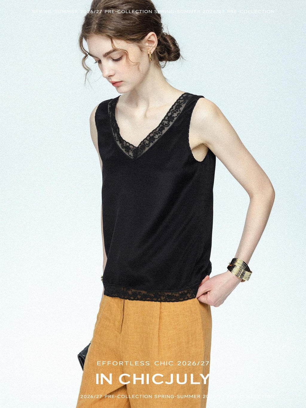 chicjuly Midnight Lace V-neck French Layering Women's Mulberry Silk Tank Tops