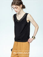 chicjuly Midnight Lace V-neck French Layering Women's Mulberry Silk Tank Tops