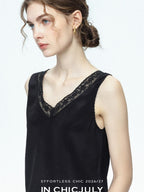 chicjuly Midnight Lace V-neck French Layering Women's Mulberry Silk Tank Tops