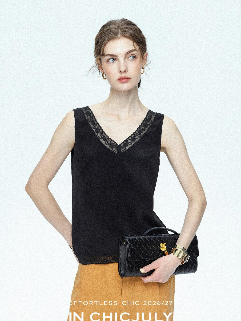 chicjuly Midnight Lace V-neck French Layering Women's Mulberry Silk Tank Tops