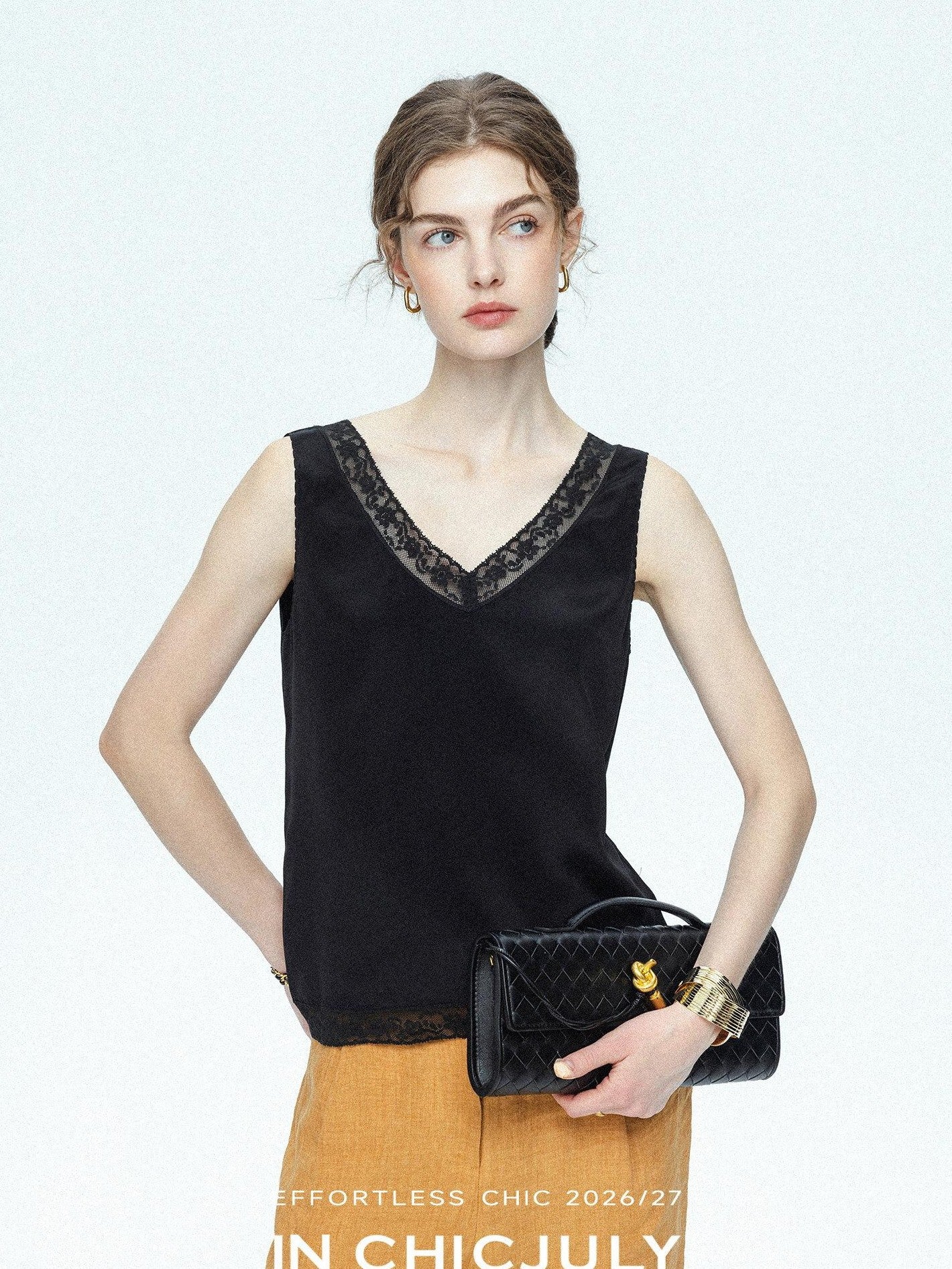 chicjuly Midnight Lace V-neck French Layering Women's Mulberry Silk Tank Tops