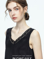 chicjuly Midnight Lace V-neck French Layering Women's Mulberry Silk Tank Tops