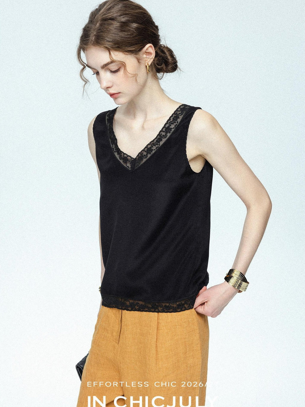 chicjuly Midnight Lace V-neck French Layering Women's Mulberry Silk Tank Tops