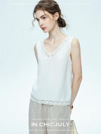 chicjuly Midnight Lace V-neck French Layering Women's Mulberry Silk Tank Tops