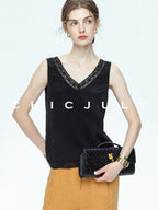 chicjuly Midnight Lace V-neck French Layering Women's Mulberry Silk Tank Tops