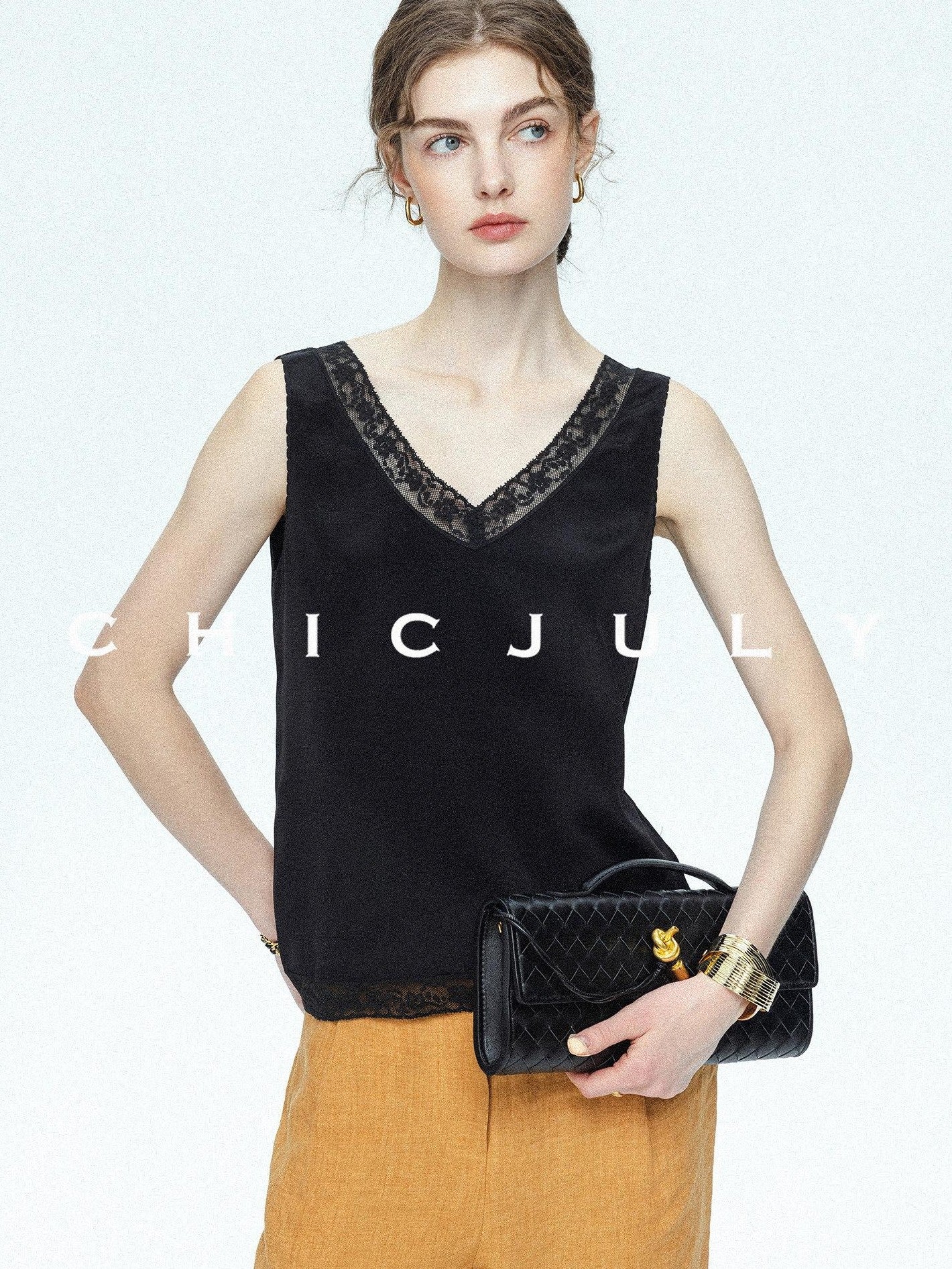 chicjuly Midnight Lace V-neck French Layering Women's Mulberry Silk Tank Tops