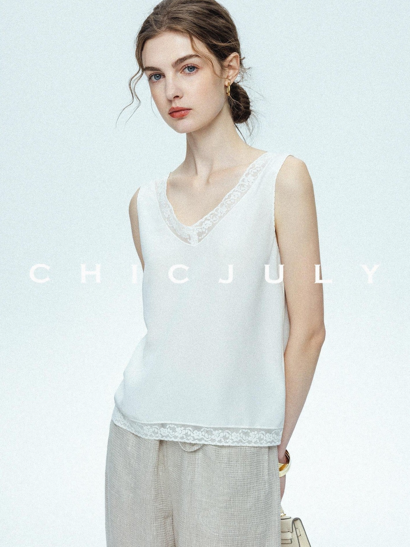 chicjuly Midnight Lace V-neck French Layering Women's Mulberry Silk Tank Tops