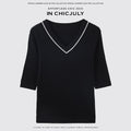 chicjuly Minimalist Beaded Rhinestone V-neck Women's Wool Short Sleeve T-shirts 964410008305