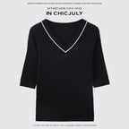 chicjuly Minimalist Beaded Rhinestone V-neck Women's Wool Short Sleeve T-shirts 964410008305