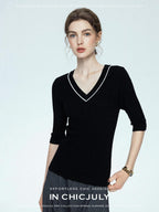 chicjuly Minimalist Beaded Rhinestone V-neck Women's Wool Short Sleeve T-shirts