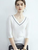 chicjuly Minimalist Beaded Rhinestone V-neck Women's Wool Short Sleeve T-shirts