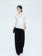 chicjuly Minimalist Beaded Rhinestone V-neck Women's Wool Short Sleeve T-shirts