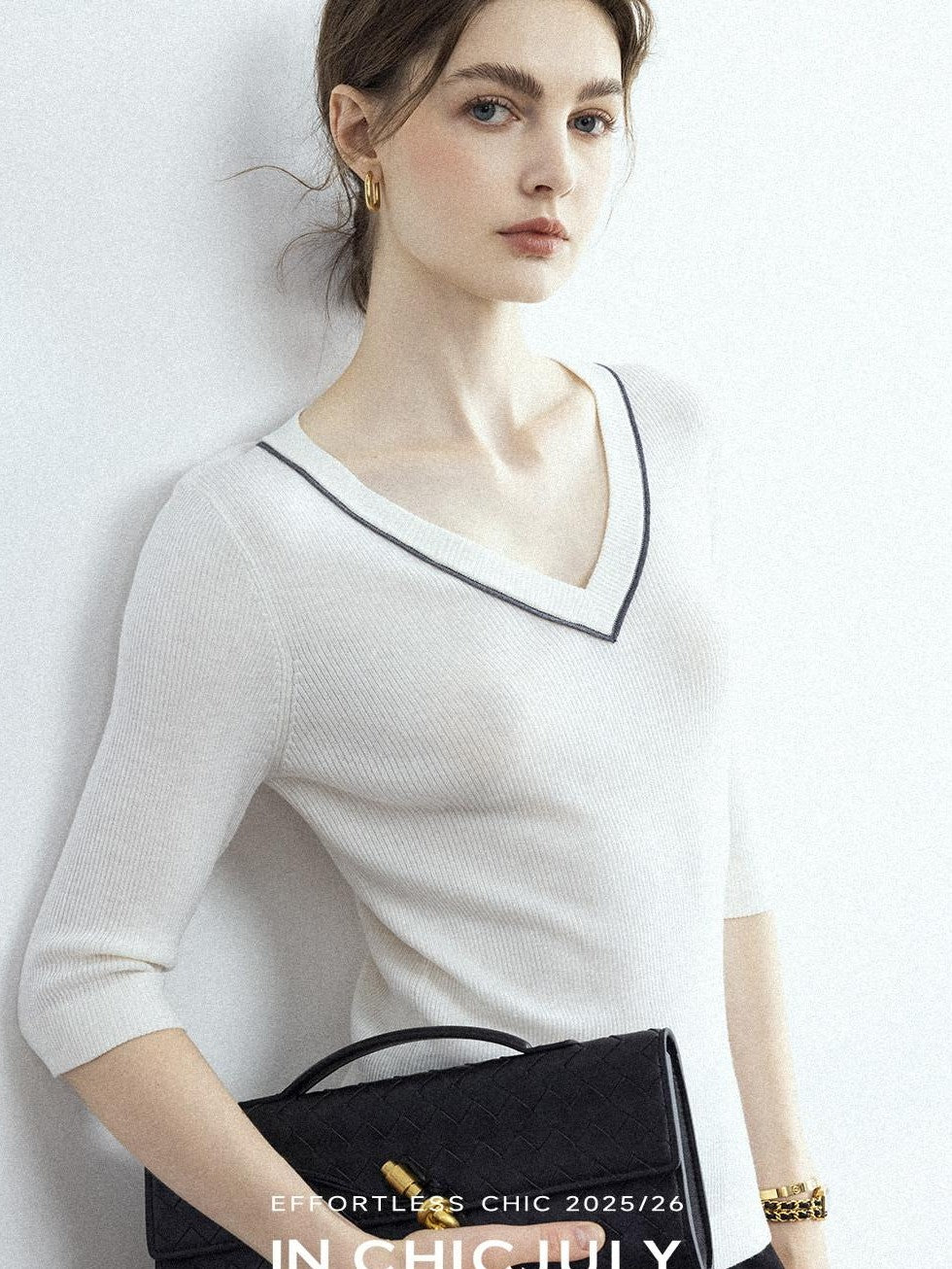 chicjuly Minimalist Beaded Rhinestone V-neck Women's Wool Short Sleeve T-shirts