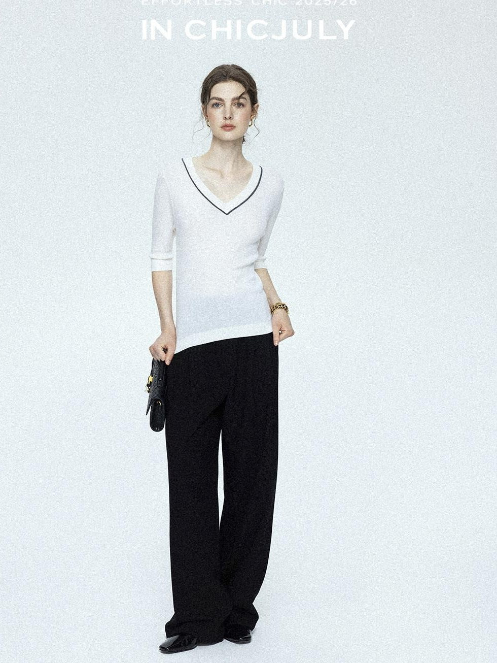 chicjuly Minimalist Beaded Rhinestone V-neck Women's Wool Short Sleeve T-shirts