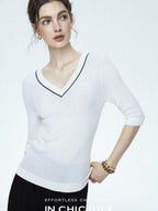 chicjuly Minimalist Beaded Rhinestone V-neck Women's Wool Short Sleeve T-shirts