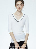 chicjuly Minimalist Beaded Rhinestone V-neck Women's Wool Short Sleeve T-shirts