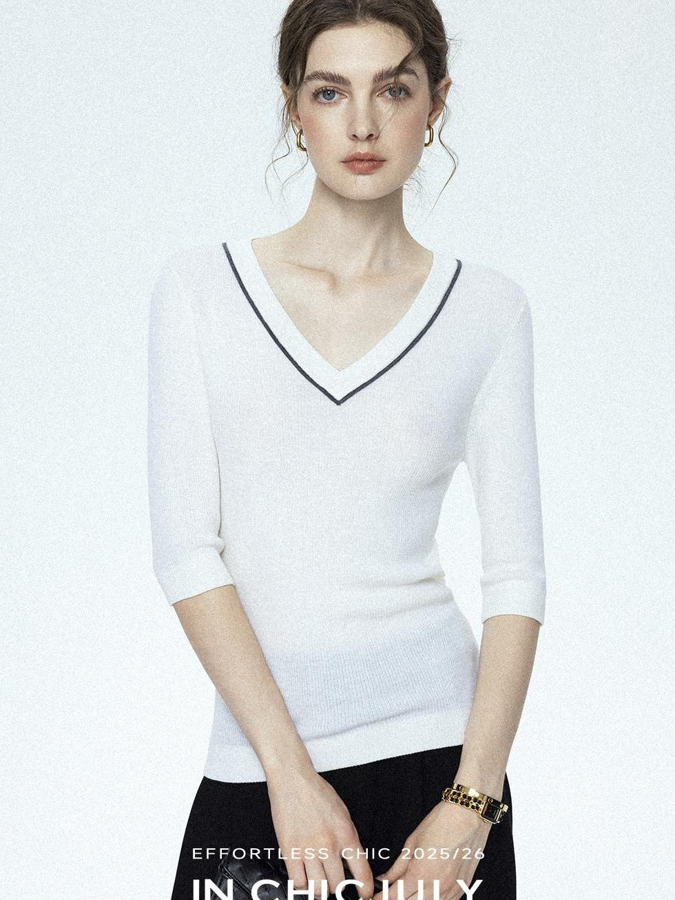 chicjuly Minimalist Beaded Rhinestone V-neck Women's Wool Short Sleeve T-shirts