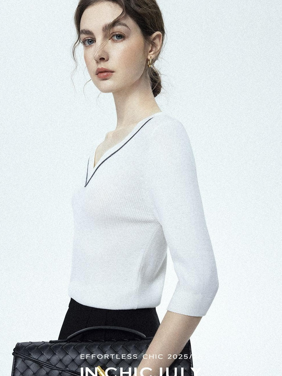 chicjuly Minimalist Beaded Rhinestone V-neck Women's Wool Short Sleeve T-shirts