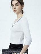 chicjuly Minimalist Beaded Rhinestone V-neck Women's Wool Short Sleeve T-shirts