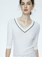 chicjuly Minimalist Beaded Rhinestone V-neck Women's Wool Short Sleeve T-shirts