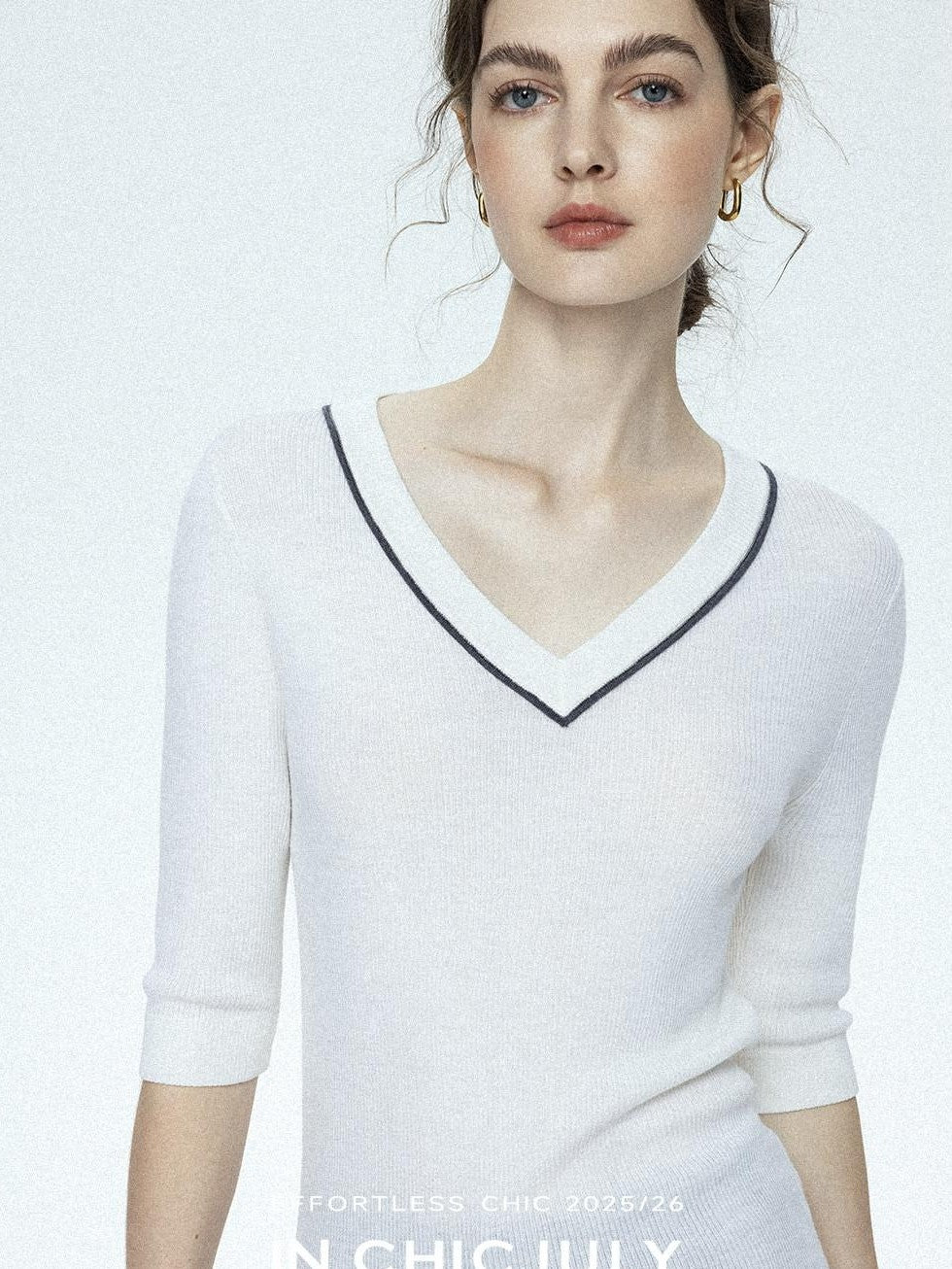chicjuly Minimalist Beaded Rhinestone V-neck Women's Wool Short Sleeve T-shirts