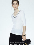 chicjuly Minimalist Beaded Rhinestone V-neck Women's Wool Short Sleeve T-shirts