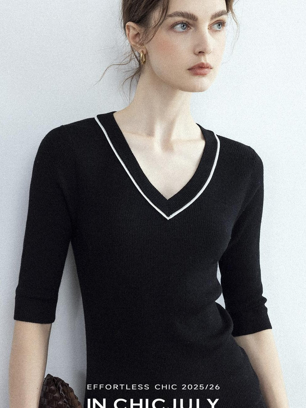 chicjuly Minimalist Beaded Rhinestone V-neck Women's Wool Short Sleeve T-shirts