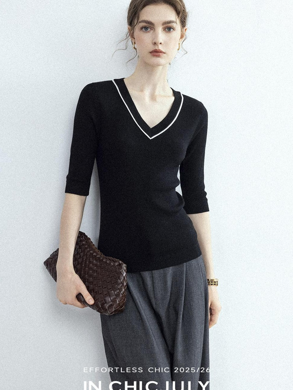 chicjuly Minimalist Beaded Rhinestone V-neck Women's Wool Short Sleeve T-shirts