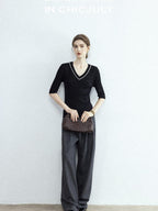 chicjuly Minimalist Beaded Rhinestone V-neck Women's Wool Short Sleeve T-shirts