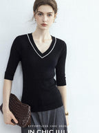 chicjuly Minimalist Beaded Rhinestone V-neck Women's Wool Short Sleeve T-shirts