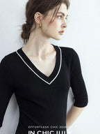 chicjuly Minimalist Beaded Rhinestone V-neck Women's Wool Short Sleeve T-shirts