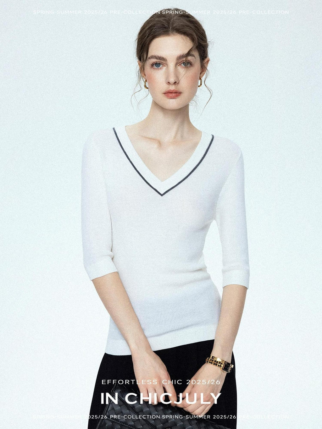 chicjuly Minimalist Beaded Rhinestone V-neck Women's Wool Short Sleeve T-shirts