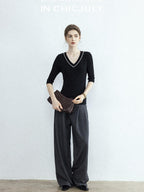 chicjuly Minimalist Beaded Rhinestone V-neck Women's Wool Short Sleeve T-shirts