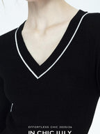 chicjuly Minimalist Beaded Rhinestone V-neck Women's Wool Short Sleeve T-shirts