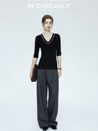 chicjuly Minimalist Beaded Rhinestone V-neck Women's Wool Short Sleeve T-shirts