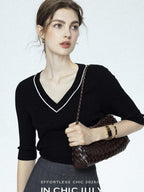 chicjuly Minimalist Beaded Rhinestone V-neck Women's Wool Short Sleeve T-shirts