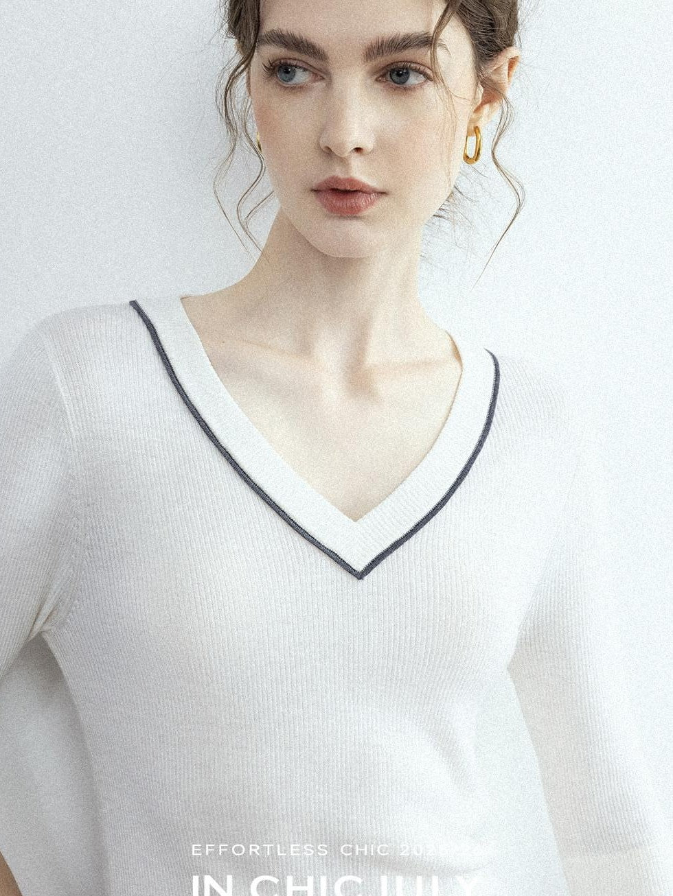 chicjuly Minimalist Beaded Rhinestone V-neck Women's Wool Short Sleeve T-shirts