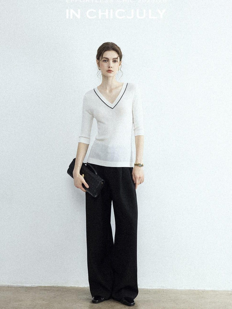 chicjuly Minimalist Beaded Rhinestone V-neck Women's Wool Short Sleeve T-shirts