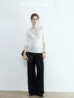 chicjuly Minimalist Beaded Rhinestone V-neck Women's Wool Short Sleeve T-shirts