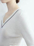 chicjuly Minimalist Beaded Rhinestone V-neck Women's Wool Short Sleeve T-shirts