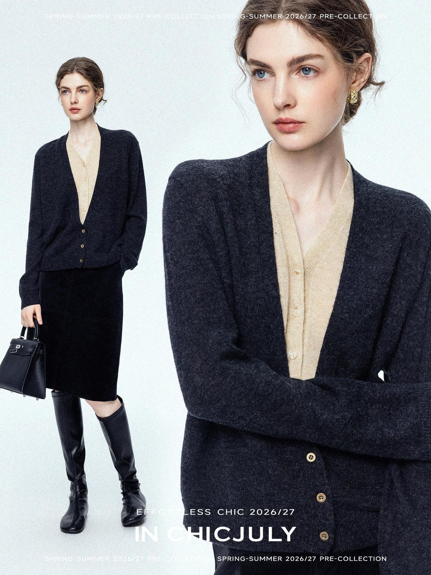 chicjuly Minimalist Colorblock Faux Two Piece V-neck Buttoned Women's Wool Knit Cardigans