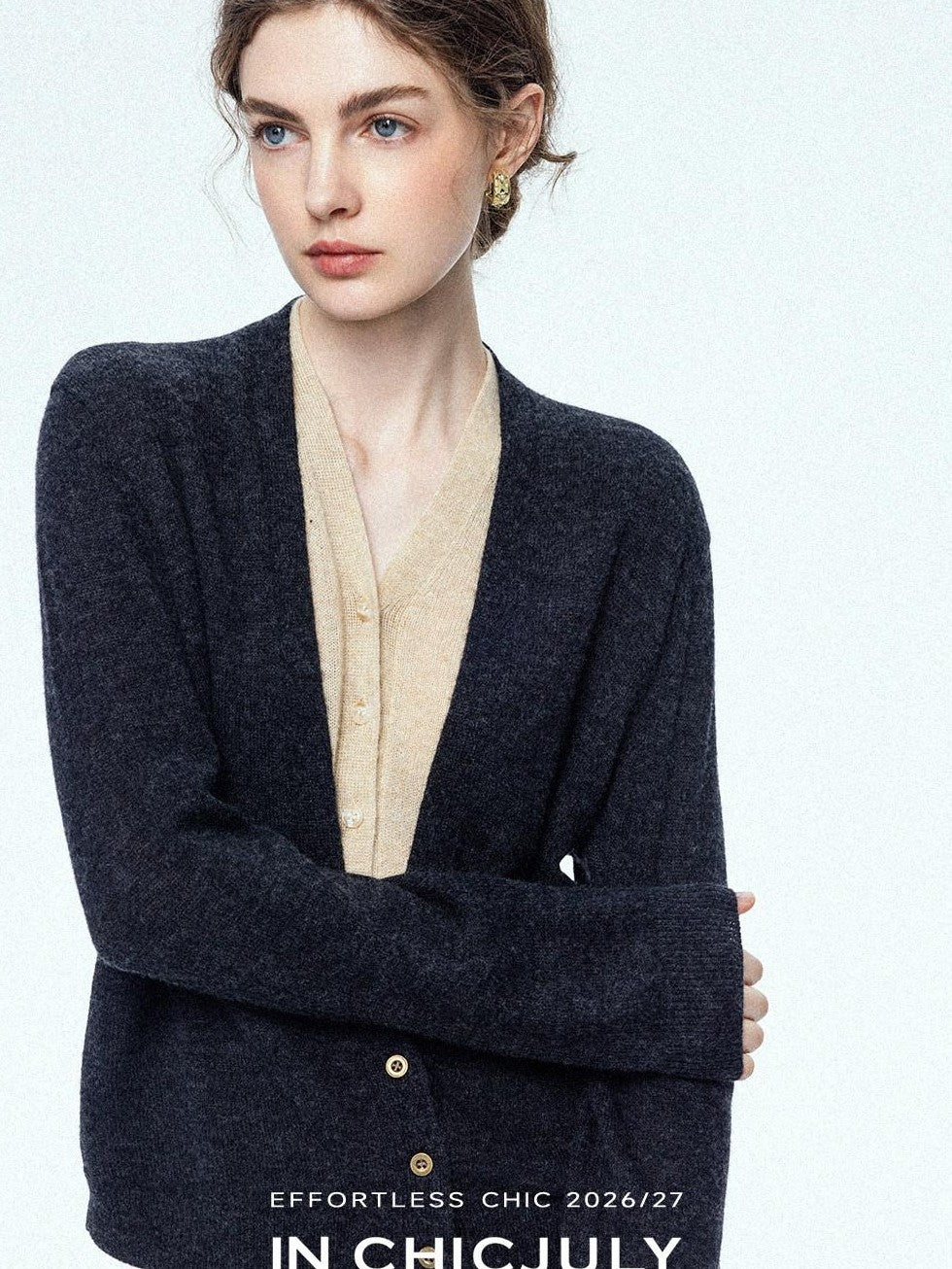 chicjuly Minimalist Colorblock Faux Two Piece V-neck Buttoned Women's Wool Knit Cardigans