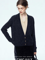 chicjuly Minimalist Colorblock Faux Two Piece V-neck Buttoned Women's Wool Knit Cardigans