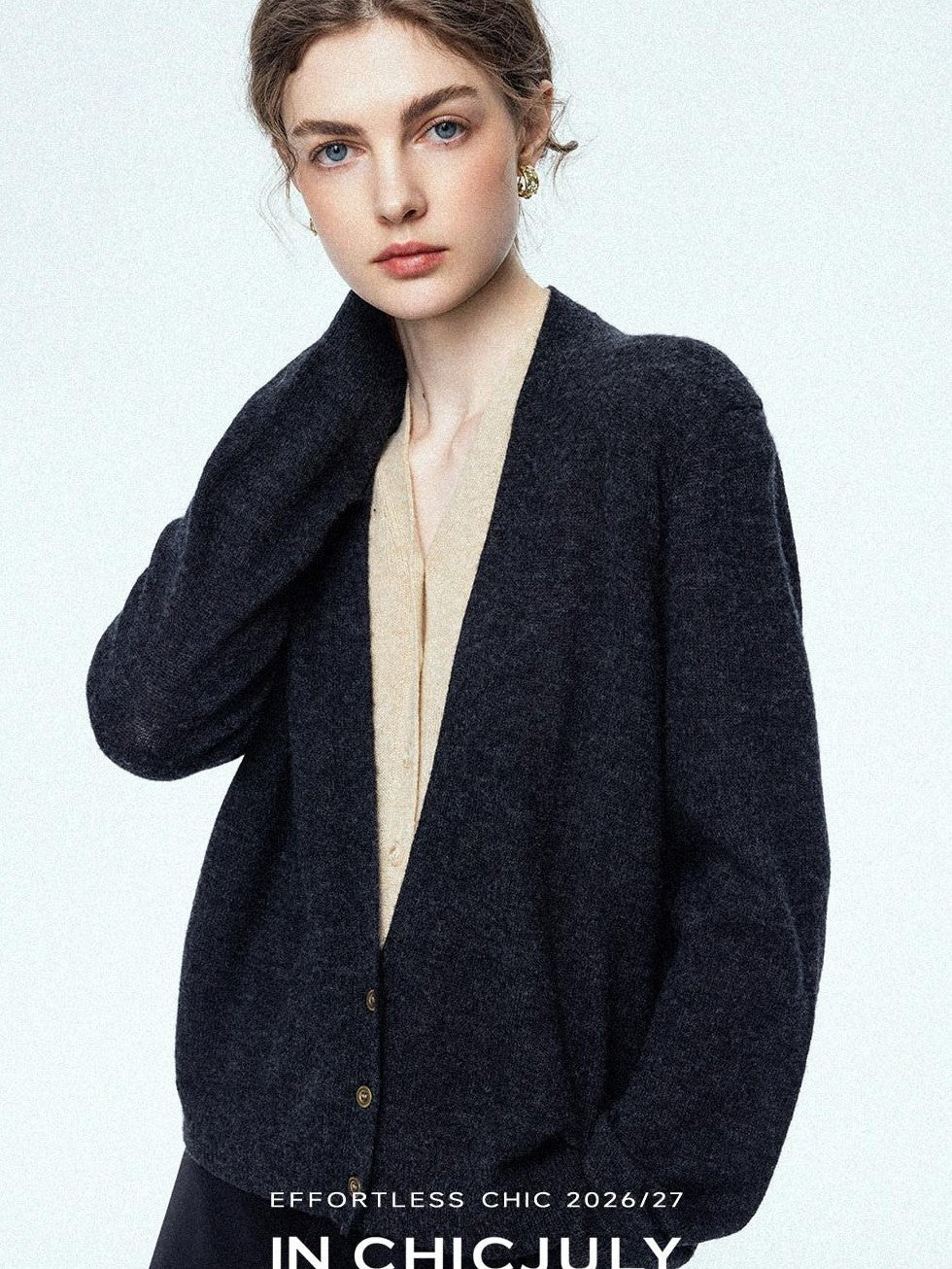 chicjuly Minimalist Colorblock Faux Two Piece V-neck Buttoned Women's Wool Knit Cardigans