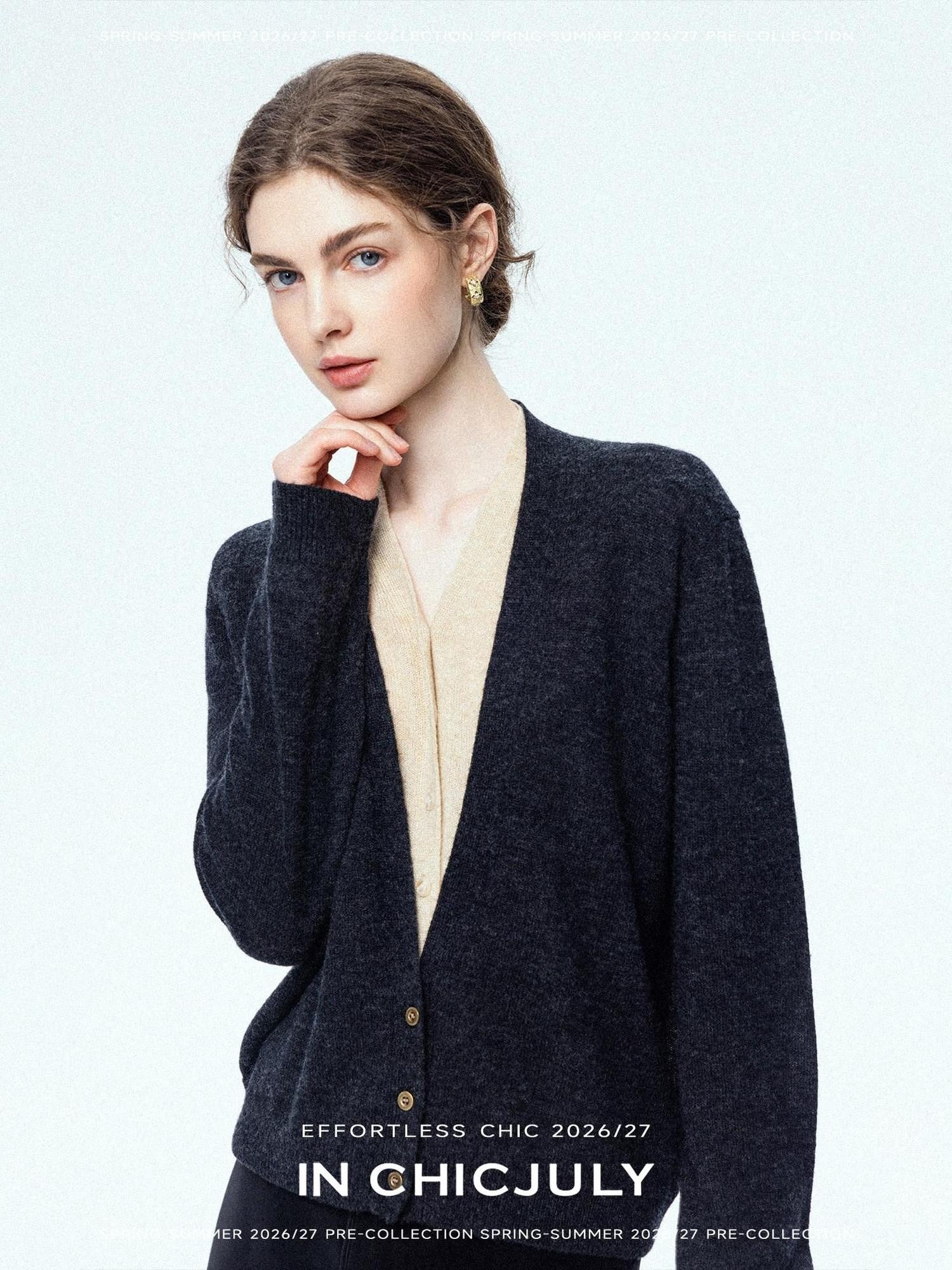 chicjuly Minimalist Colorblock Faux Two Piece V-neck Buttoned Women's Wool Knit Cardigans