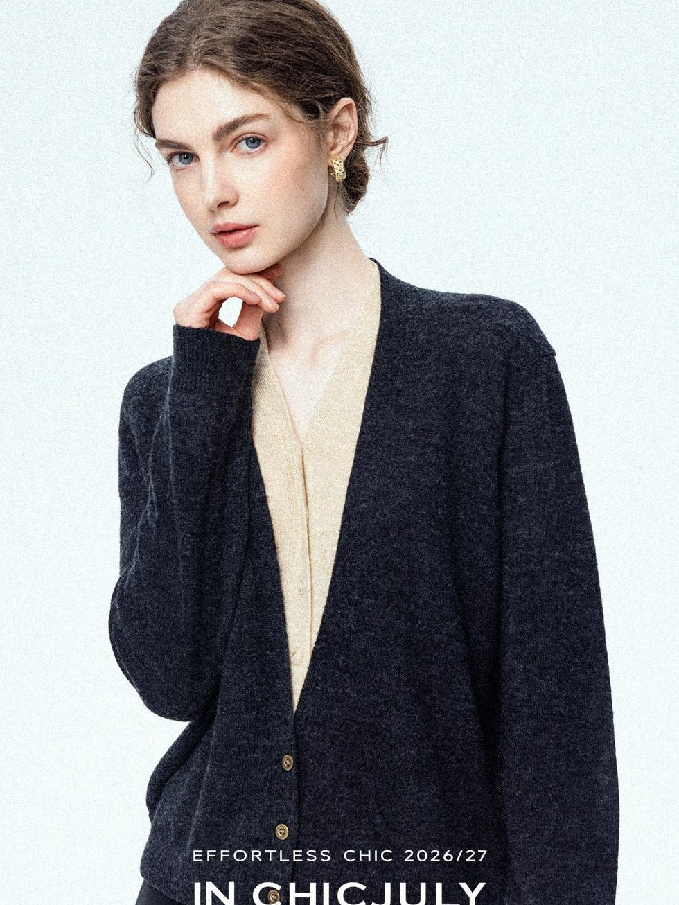 chicjuly Minimalist Colorblock Faux Two Piece V-neck Buttoned Women's Wool Knit Cardigans